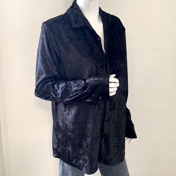 Zara Oversized Black Velvet Women's Long Sleeve Button Down Shirt 90s Vampy Goth - Picture 6 of 6